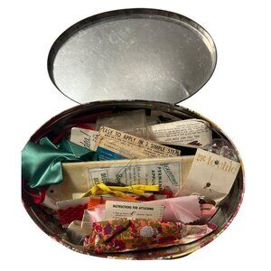 1960s Vintage Tin With Assorted Sewing Notions & Patterns